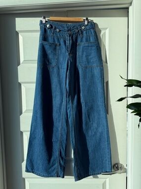 Wide Leg Blue Denim Jeans - Women's Casual High-Rise